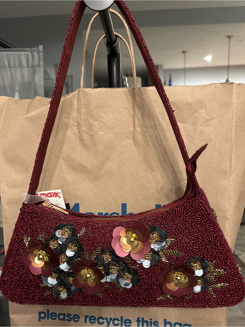 Beaded Burgundy Floral Embellished Shoulder Bag